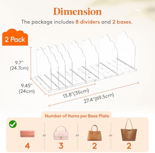 Lifewit Purse Organizer for Closet, 9.7" Tall Clear Handbag Shelf Dividers