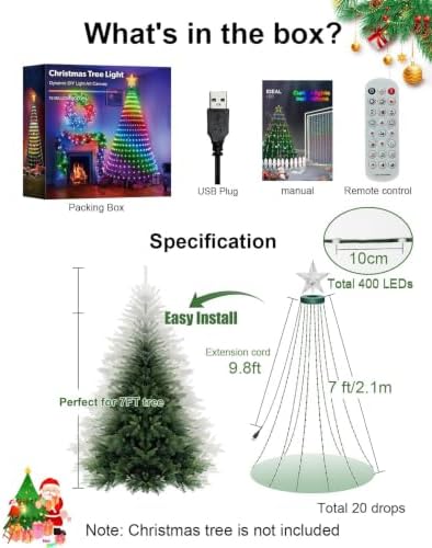 Smart Christmas Tree Lights 7FT 400LED, DIY Color Changing Waterfall Xmas Tree Lights with Ring & Top-Star, Remote & APP Control, RGB-IC Dynamic String Light, Music Sync for Indoor Decor