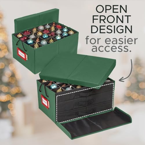 HOLDN’ STORAGE Christmas Ornament Storage Box with Dividers, Holds 72 Ornaments (3 Inch), Large Ball Storage Container with 3 Removable Trays, Durable and Portable - Green