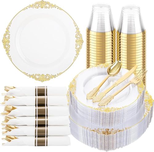Hioasis 350 Pcs Clear Gold Plates for Party