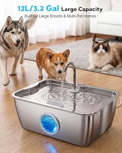 CEESC 12L/3.2Gal Dog Water Fountain with Easy-Carry Handle, Stainless Steel