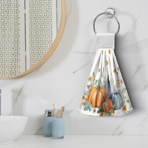 Fall Orange Blue Pumpkin Kitchen Hanging Towels Set of 2 Autumn Eucalyptus Maple Leaves Hand Towels with Hanging Loop Thanksgiving Dish Washcloth Soft Absorbent Bath Tie Towel