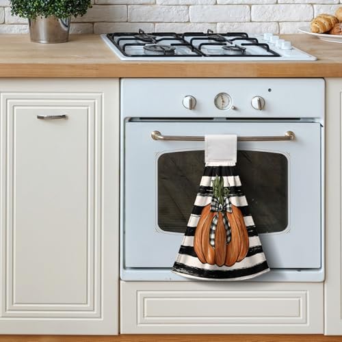 Fall Pumpkin Maple Leaves Kitchen Towels with Hanging Loop Autumn Thanksgiving Stripe Hand Tie Towels Soft Absorbent Fingertip Bath Towel Oven Stove Dish Washcloths Set of 2