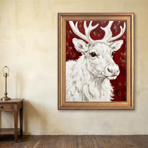 Framed Canvas Wall Art Painterly Reindeer Portrait Red and White with Gold Highlights Canvas Print Poster Gold Frame Wall Decor for Living Room Bedroom Holiday Decor, Winter Art - Inch 16x20