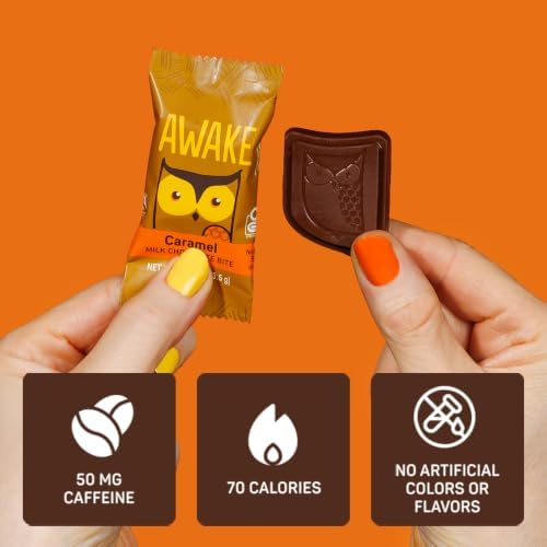 AWAKE - Caffeinated Chocolate Bites - Caramel Milk Chocolate, 50 Pieaces - 50mg Caffeine - Individually Wrapped Energy Bites - Coffee Alternative - Fairtrade, Gluten Free, Non GMO - 0.48oz