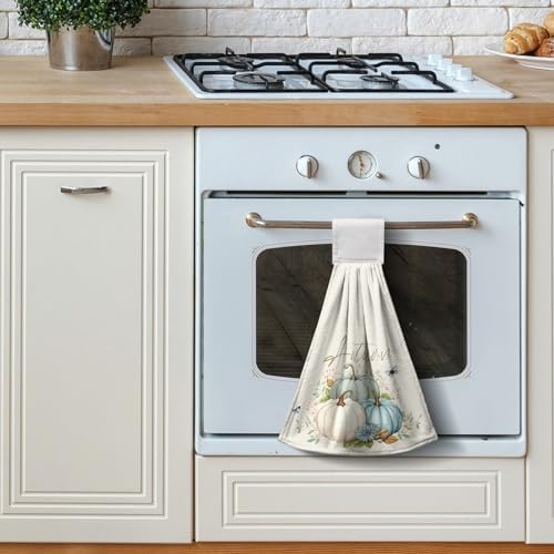 Fall Blue Teal Pumpkin Kitchen Hanging Towels Set of 2 Autumn Watercolor Maple Leaves Hand Towels with Loop Thanksgiving Seasonal Guest Towels Soft Absorbent Fingertip Tie Towel for Holiday Baking