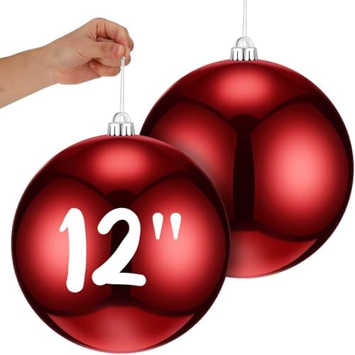 Zubebe 2 Pcs 12 Inch Extra Large Outdoor Red Christmas Balls Ornaments Oversized Jumbo Christmas Ornaments Shatterproof Xmas Tree Hanging Decorations for Outside Lawn Yard Outdoor Indoor Home