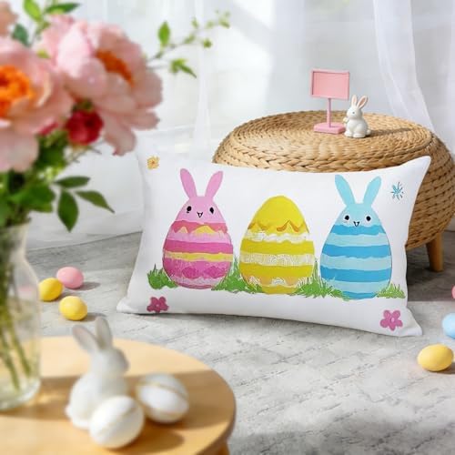 Easter Pillow Covers 12x20 Inch,Easter Decorations for Home,Set of 4 Happy Easter Hunny Bunny Pink Blue Decorative Throw Pillow Covers Spring Farmhouse Decor