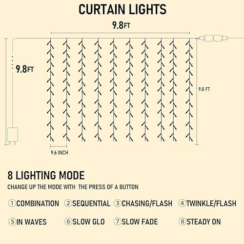 Dazzle Bright 300 LED Curtain String Lights, Christmas Fairy Lights for Bedroom with 8 Lighting Modes, Connectable Waterproof Window Lights Party Wedding Garden Wall Decor, Multi-Colored