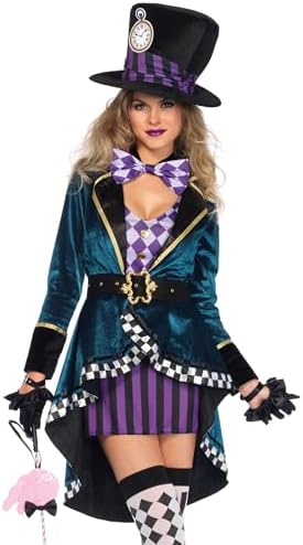 Leg Avenue Mad Hatter Costume with Dress, Jacket, Belt, Bow, Hat