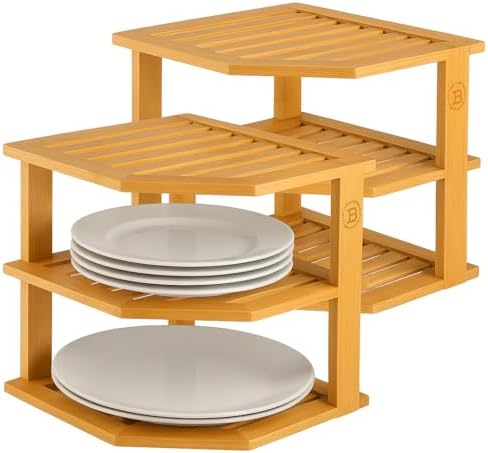 Bamboo Plate Organizer for Cabinet, 3 Tier Corner Shelf Riser, 2 Pack