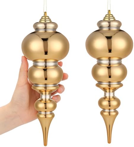 Soulchen 2 Pcs 12" Large Christmas Finial Drop Ornaments, Shiny, Gold