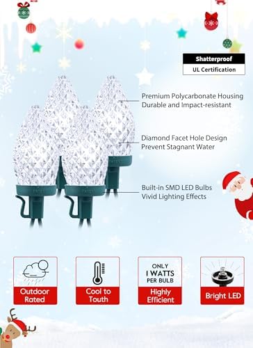 C9 Christmas Lights Outdoor, 114FT 150 LED C9 String Lights, Pure White