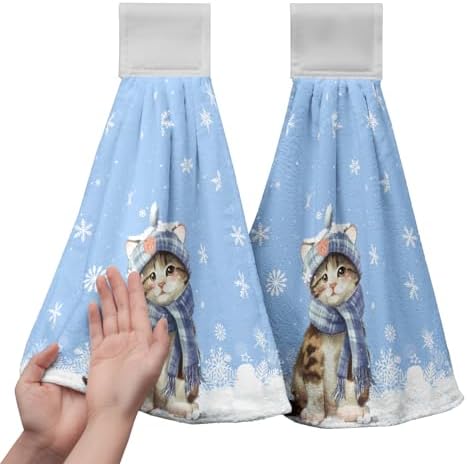 Winter Funny Cat Hanging Kitchen Towels Set of 2 Winter Snowflakes Hand Towel with Hanging Loop Cute Cat with Scarf Hanging Tie Towel Soft Absorbent Blue Dish Tea Towels for Bathroom 12x17 Inch