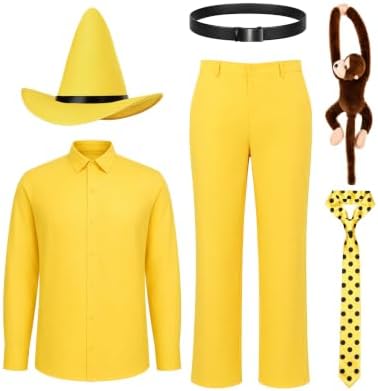 Men Yellow Hat Costume 6PCS Adult Suit with Plush Monkey for Halloween