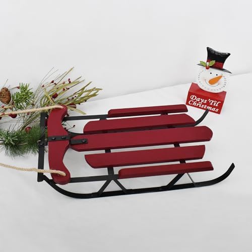 Christmas Wooden Sled Decoration Red Vintage Wood Decorative Wall Hanging Sled Christmas Holiday Decor Wooden Decorative Old Fashioned Sled Metal Sled with Natural Jute Rope Accent Burgundy