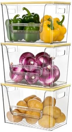 Delamu 3 Pack Pantry Organizers and Storage,Trash Bag Dispenser with Bamboo Top,Stackable Trash Bag Dispenser Under Sink Organizer for 4-30 GalBags,Onion,Potato,Fruits,Clear