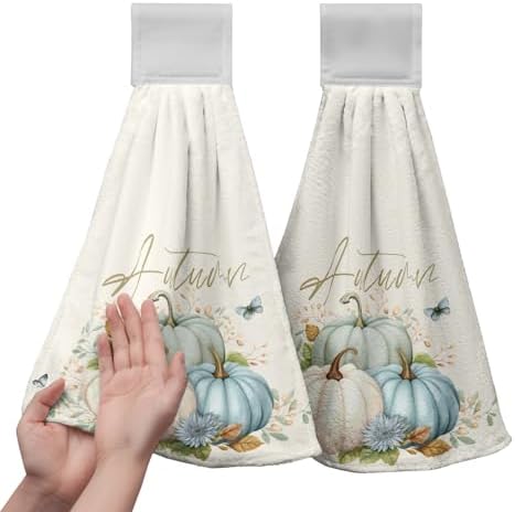 Fall Blue Teal Pumpkin Kitchen Hanging Towels Set of 2 Autumn Watercolor Maple Leaves Hand Towels with Loop Thanksgiving Seasonal Guest Towels Soft Absorbent Fingertip Tie Towel for Holiday Baking