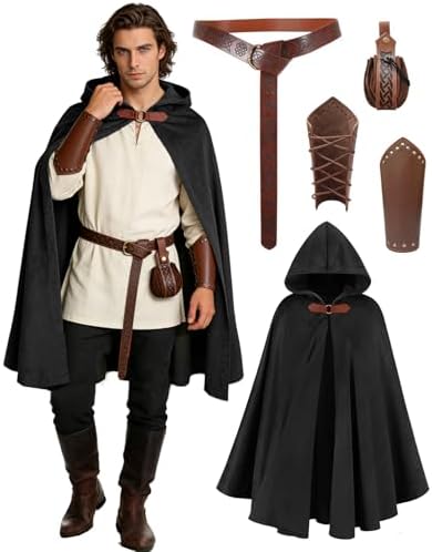 kasahara Renaissance Hooded Cloak Medieval Costume Accessories for Men Women Halloween Costume Cape Belt Pouch Bracers
