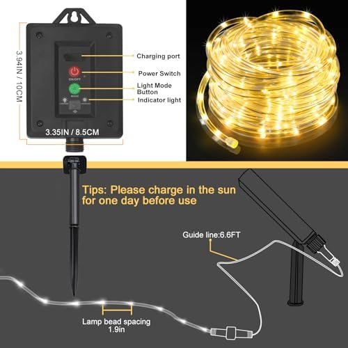 KNONEW Solar Rope Lights Outdoor 300LED 50FT Solar String Lights Outside Waterproof with Modes Clear Thin Tube for Pool Tree Patio Garden Fence Camping Yard Deck Trampoline（Warm White）