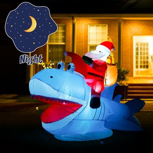 8.8FT Inflatable Santa Riding Shark with LED Lights for Yard
