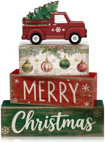 Lineshading 4 Pcs Christmas Table Decor, Red Truck Tree Block Sign Home