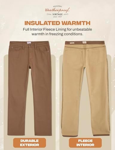 Weatherproof Vintage Fleece Lined Pants Men's - Regular Fit | Soft & Warm, Cold Weather Insulated Canvas Winter Pants for Men