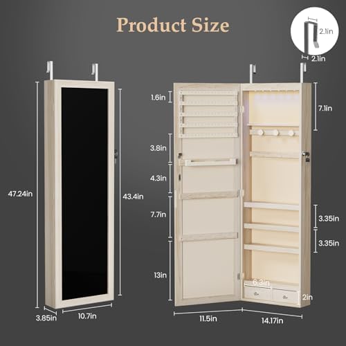 DUMOS 6 LEDs Mirror Jewelry Organizer Cabinet, Jewelry Armoire, 47.2 Inch