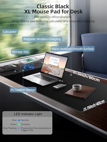 Mouse Pad 31.5x15.75 Inch with Calculator, 15W Magnetic Wireless Charging Desk Mat, XXL Desk Pad, Home Office Large Keyboard Pad with Ultra-Smooth Surface, Non-Slip Base (Black)