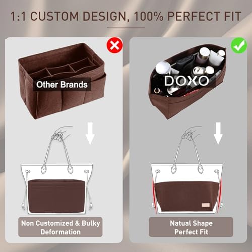 Doxo Purse Organizer Insert for Handbags & Base Shaper 2pc Set, Felt Neverfull PM Organizer Insert, Tote Bag Organizer with Zipper Pocket and Bottle Holder, Fit Neverfull PM and More, Brown-M