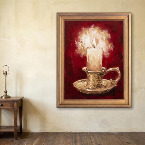 Framed Canvas Wall Art Painterly Glowing Candle Brass Holder Red and Gold Impasto Art Canvas Print Poster Gold Frame Wall Decor for Living Room Warm Ambiance, Traditional Decor - Inch 16x20