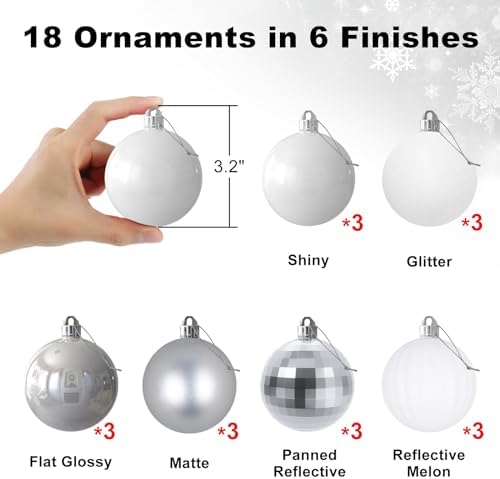 White & Silver 3.2" Large Christmas Balls - Christmas Tree Decoration Ornaments Shatterproof Hanging Balls for Birthday Halloween Holiday Wedding Decorations Set of 18pcs