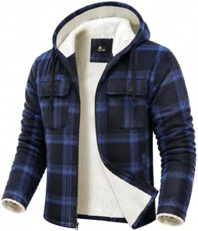 GEEK LIGHTING Men's Flannel Shirts Jacket Sherpa Lined Plaid Zipper Hoodie