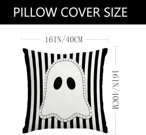 Halloween Decor Pillow Covers 16x16 Inch,Set of 4 Halloween Decorations Outdoor Indoor Throw Pillow Covers, Hey Boo Cute Spooky Ghost Black Striped Linen Cushion Case for Home Sofa Couch Bed Chair