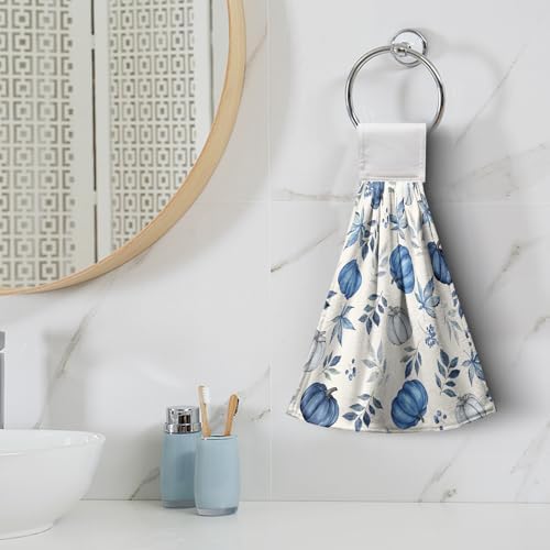 Fall Blue Pumpkin Kitchen Towels with Hanging Loop Autumn Thanksgiving Hanging Hand Towels Seasonal Eucalyptus Maple Leaf Dish Tie Towel Soft Absorbent Fingertip Bath Towel Set of 2