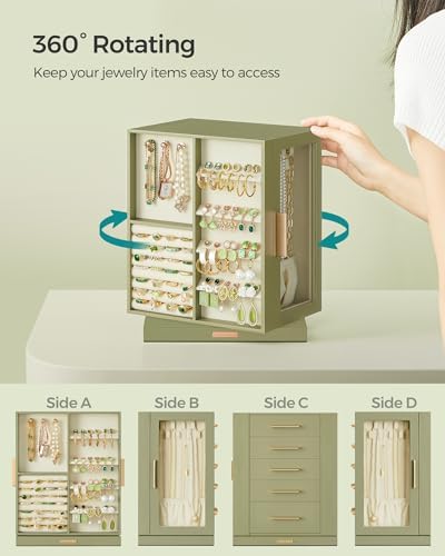 SONGMICS Jewelry Box Organizer, 360° Rotating, 5 Drawers, Laurel Green