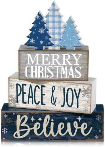 Moucuny 4 Pcs Christmas Table Decorations Blue Christmas Tree Stacked Wooden Sign Decor Rustic Winter Tiered Tray Decor Blue and White Xmas Table Centerpiece Farmhouse for Home Kitchen Shelf