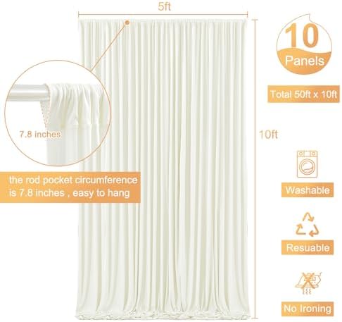 10 Panels Ivory Backdrop Curtain for Wedding Parties Wrinkle Free Ivory Photo Curtains Backdrop Drapes Fabric Decoration for Baby Shower Photography 5ft(W) x 10ft(H)"