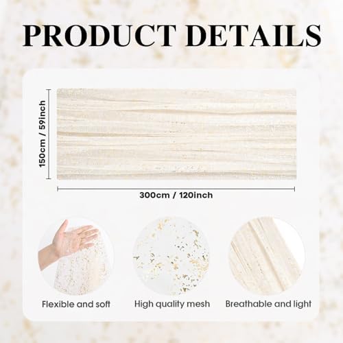 Artoid Mode Beige Gold Gauze Table Runner 59x120 Inch 10FT, Glitter Metallic Foil Sheer Dining Wedding Anniversary Holiday Birthday Table Decor for Home Party