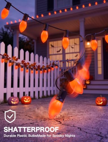 SUNSGNE C9 LED Halloween Orange String Lights 25FT Outdoor String Lights with 27 0.6W LED Plastic Bulbs(2 Spare) for Patio Garden Roofline Backyard Decorations, Black Wire