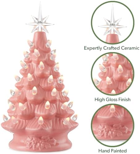 Casafield Hand Painted Ceramic Christmas Tree, Pink 12-Inch Pre-Lit Tree with 100 Multi Color Lights and 2 Star Toppers