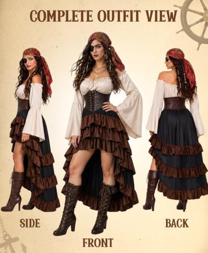 YOGFIT 14 Pcs Pirate Costume Women Set with Renaissance Pirate Shirt, Skirt, and Multiple Pirate Accessories
