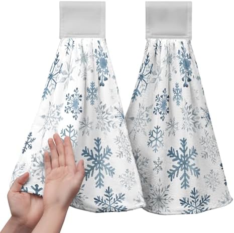 2 Pcs Blue Snowflake Winter Hanging Kitchen Towels Christmas Hand Towels with Hanging Loop Xmas Holiday Kitchen Tie Towel Dish Cloth Soft Absorbent Fingertip Bath Towel for Bathroom