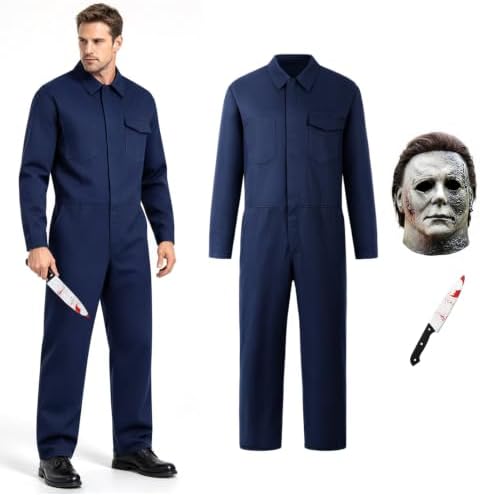Halloween Killer Jumpsuit with Mask, Horror Killer Jumpsuit with Mask for Halloween Costume Role Play