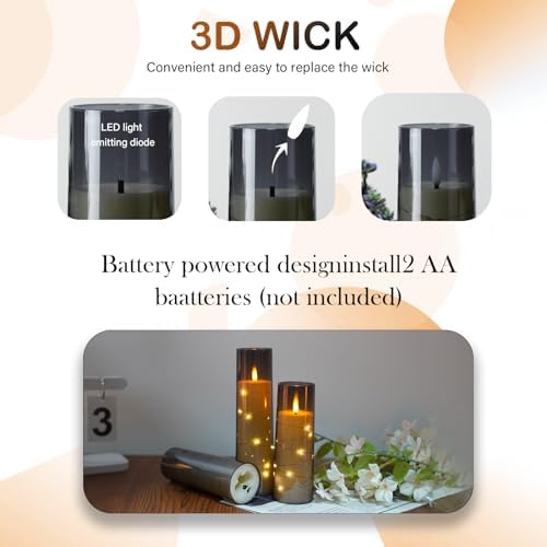 kakoya Flameless LED Candles with Timer 9 Pc Flickering Flameless Candles for Romantic Ambiance and Home Decoration Stable Acrylic Shell,with Embedded Star String，Battery Operated Candles（Grey）