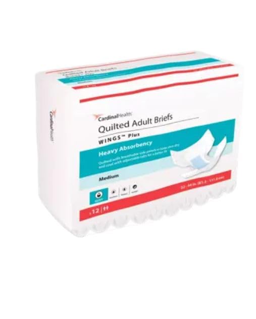 Cardinal Health™ Quilted Adult Briefs, Wings™ Plus, Heavy Absorbency, Size Medium, Unisex Adult Briefs, Disposable Incontinence Diapers with Refastenable Tabs – Case of 8 Bags of 12 Briefs (96 Total)