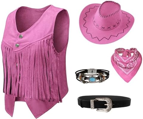 Women Cowgirl Costume Western Vest Hat Belt Set for Cowgirl Cowboy Halloween Cosplay