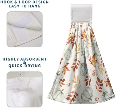 Fall Orange Leaves Pumpkin Kitchen Hanging Towels Autumn Thanksgiving Harvest Hand Towels with Hanging Loops Set of 2 Oven Stove Dish Hang Towel Soft Absorbent Bath Tie Towel