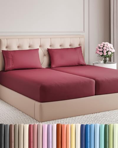 Split King Size 5 Piece Sheet Set - Breathable & Cooling Sheets - Burgundy