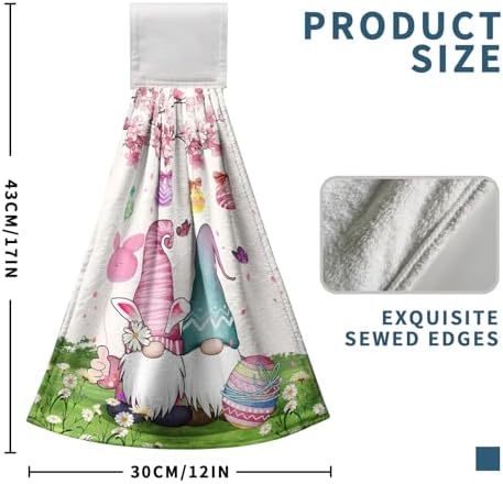Easter Gnome Kitchen Hanging Towels Set of 2 Spring Easter Bunny Eggs Flowers Bath Hand Towels with Hanging Loops Tea Bar Dish Cloths Dry Towel Soft Absorbent Fingertip Tie Towel for Bathroom